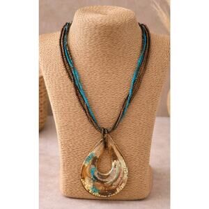 Boho Wood Bead Necklace w/ Teardrop Resin Pendant Statement Multi Strand 23"